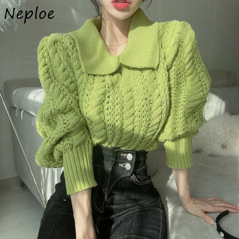 Нежный женский свитер Neploe с отложным воротником, слегка прозрачные свободные вязаные топы, Женские однотонные свитера с рукавами-фонариками 
Нежный женский свитер Neploe с отложным воротником, слегка прозрачные свободные вязаные топы, Женские однотонные свитера с рукавами-фонариками