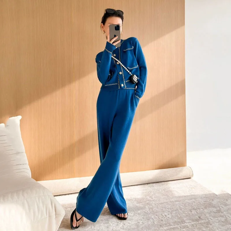 Women Suit Knitted Cardigan + Wide Leg Pants 2-piece Set Casual O-neck 2 Pockets Casual Office Lady Elegant 2023 Spring Autumn
Women Suit Knitted Cardigan + Wide Leg Pants 2-piece Set Casual O-neck 2 Pockets Casual Office Lady Elegant 2023 Spring Autumn