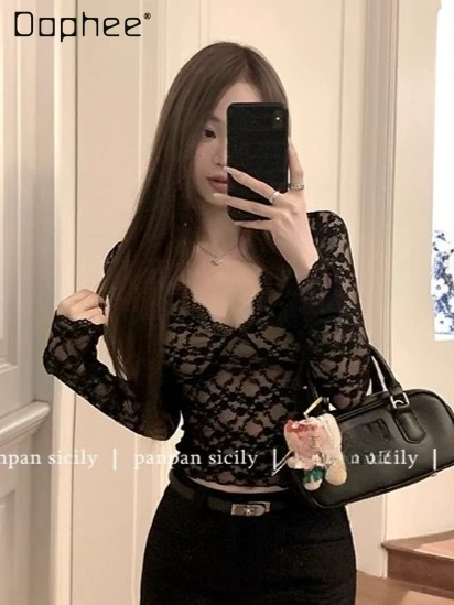 Korean Ins Sexy Lace Long Sleeve Sexy Shirt Women Autumn New High-end Elastic Slim Elegant Base Shirt Versatile Socialite Shirts
Korean Ins Sexy Lace Long Sleeve Sexy Shirt Women Autumn New High-end Elastic Slim Elegant Base Shirt Versatile Socialite Shirts