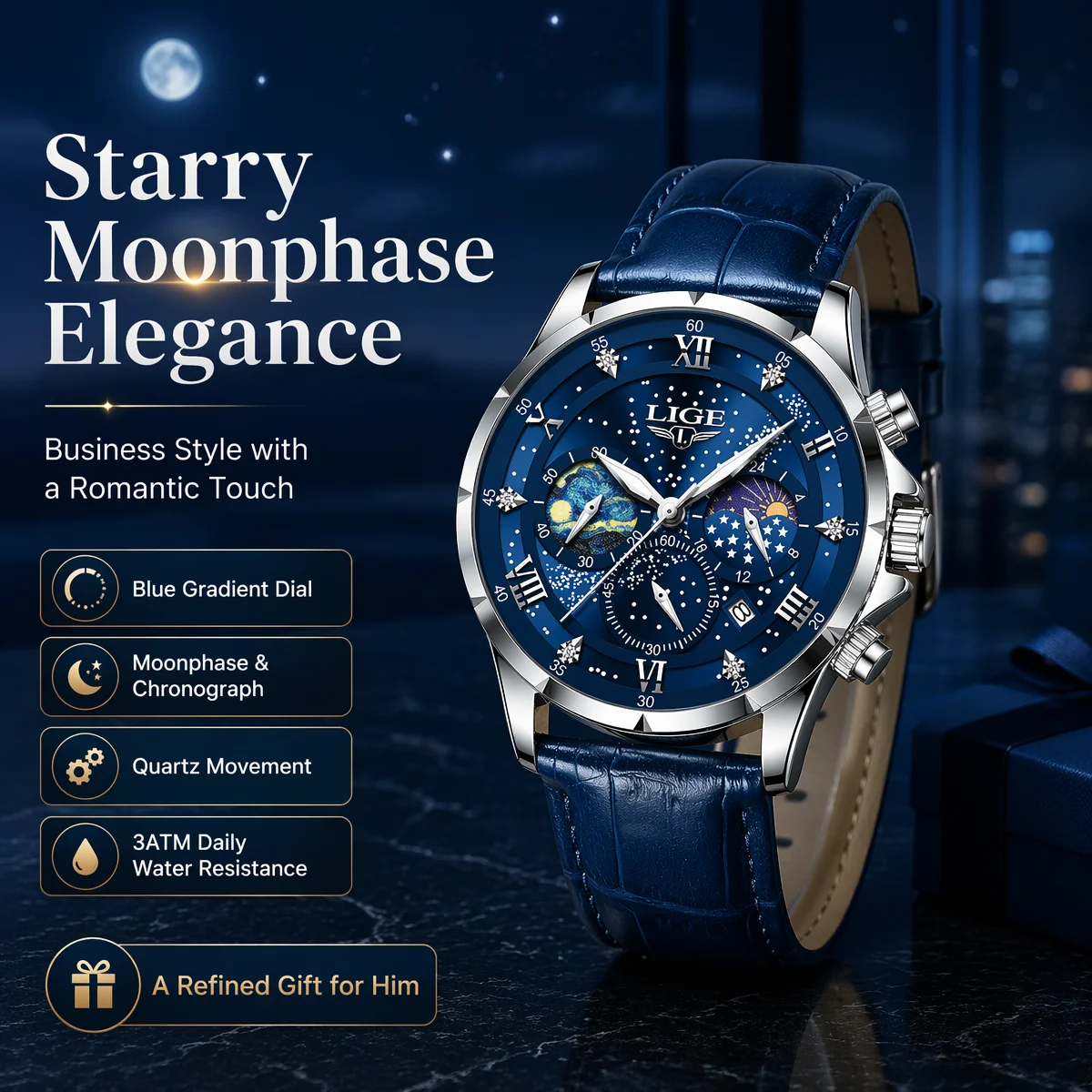 LIGE mens wristwatch casual fashion waterproof luminous chronograph date moon phase quartz watches for men relogios masculino
LIGE mens wristwatch casual fashion waterproof luminous chronograph date moon phase quartz watches for men relogios masculino
