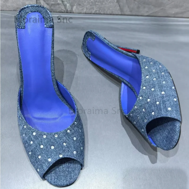 Stiletto Blue Denim Slippers for Women Rhinestone Summer Peep Toe High Heels Mules 8/10Cm Luxury Designer Party Shoes Slides
Stiletto Blue Denim Slippers for Women Rhinestone Summer Peep Toe High Heels Mules 8/10Cm Luxury Designer Party Shoes Slides