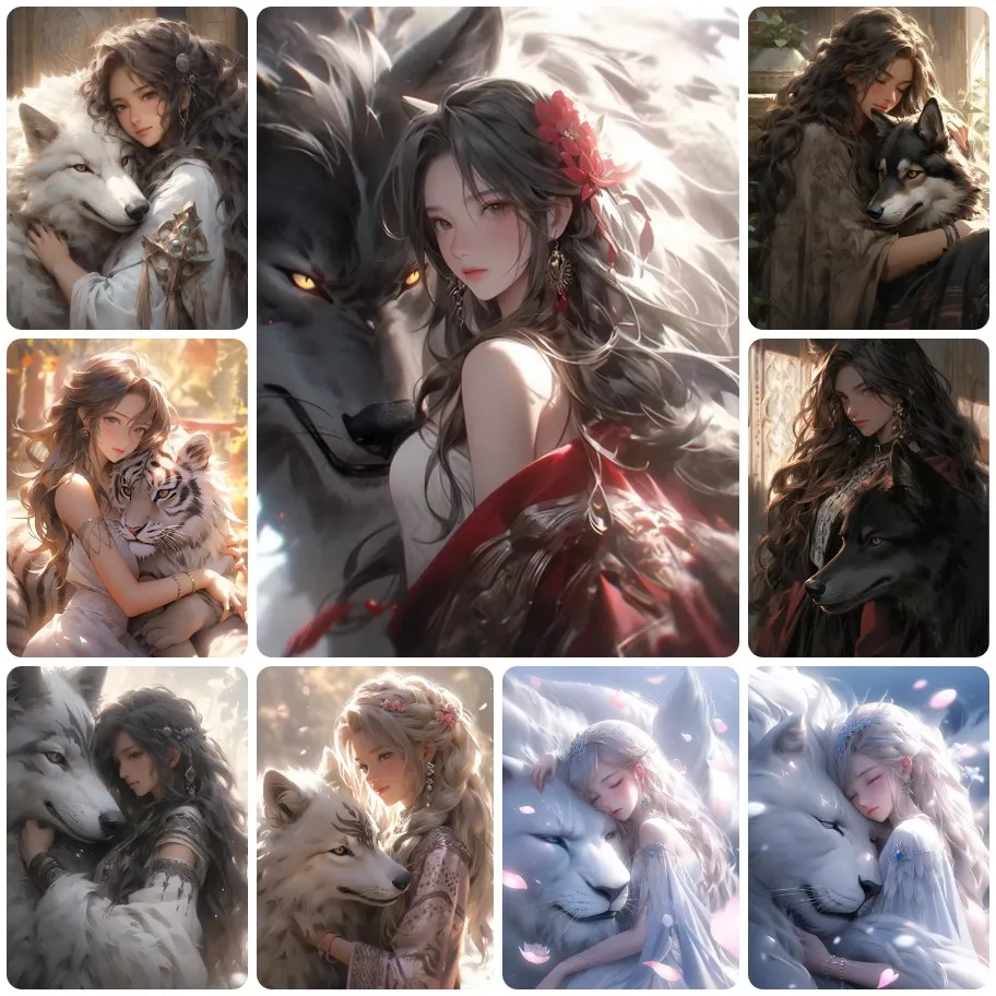 Ancient Style Lass Wild Beast Jigsaw Puzzle, White Wolf Black Tiger White Lion Long Curly Hair Maiden Fantasy Floral Wall Decor
Ancient Style Lass Wild Beast Jigsaw Puzzle, White Wolf Black Tiger White Lion Long Curly Hair Maiden Fantasy Floral Wall Decor