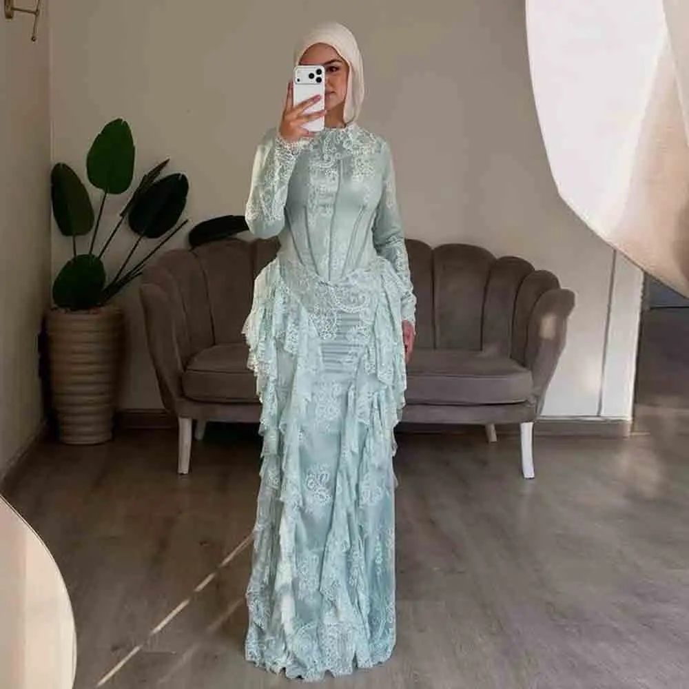 Customized Mint Green Muslim Lace Evening Dress Corset Long Sleeve Hijab Formal Party Gown Ruffle Mermaid Formal Occasion Dresse
Customized Mint Green Muslim Lace Evening Dress Corset Long Sleeve Hijab Formal Party Gown Ruffle Mermaid Formal Occasion Dresse