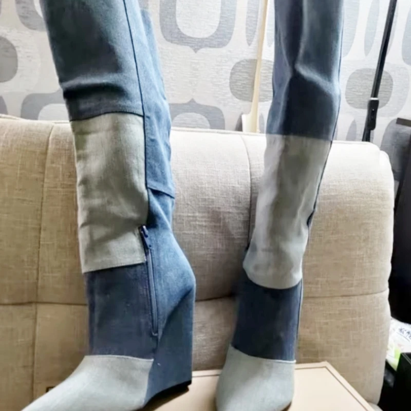 Blue Jeans Cloth Knee High Boots Plus Size 46 Side Zipper Blue Denim Patchwork Wedge Boots Pointed Toe
Blue Jeans Cloth Knee High Boots Plus Size 46 Side Zipper Blue Denim Patchwork Wedge Boots Pointed Toe