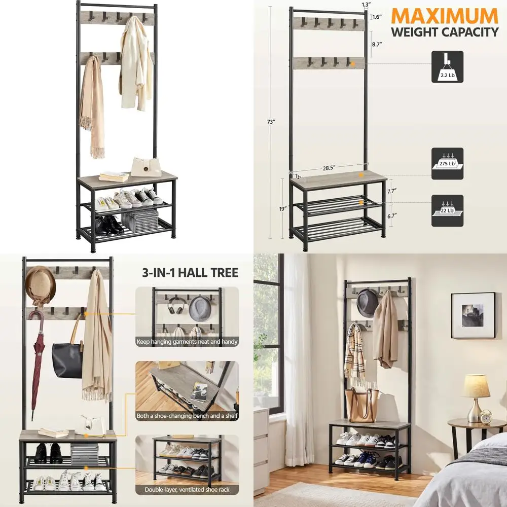 Вешалка для одежды прихожей с скамейкой для хранения обуви, 9 крючков, дерево в индустриальном стиле для организации обуви и пальто
Вешалка для одежды прихожей с скамейкой для хранения обуви, 9 крючков, дерево в индустриальном стиле для организации обуви и пальто