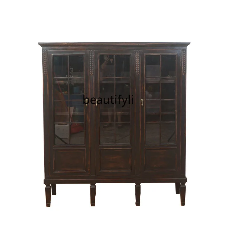 Solid wood glass three-door bookcase, living room side cabinet, locker three doors
Solid wood glass three-door bookcase, living room side cabinet, locker three doors