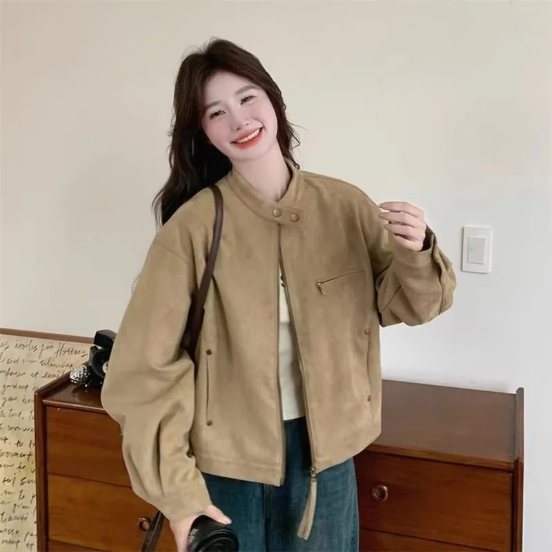 Khaki Retro Suede Jacket For Women Spring And Autumn 2026, New Fashion Korean Short Motorcycle Coat Trendy Style J373
Khaki Retro Suede Jacket For Women Spring And Autumn 2026, New Fashion Korean Short Motorcycle Coat Trendy Style J373