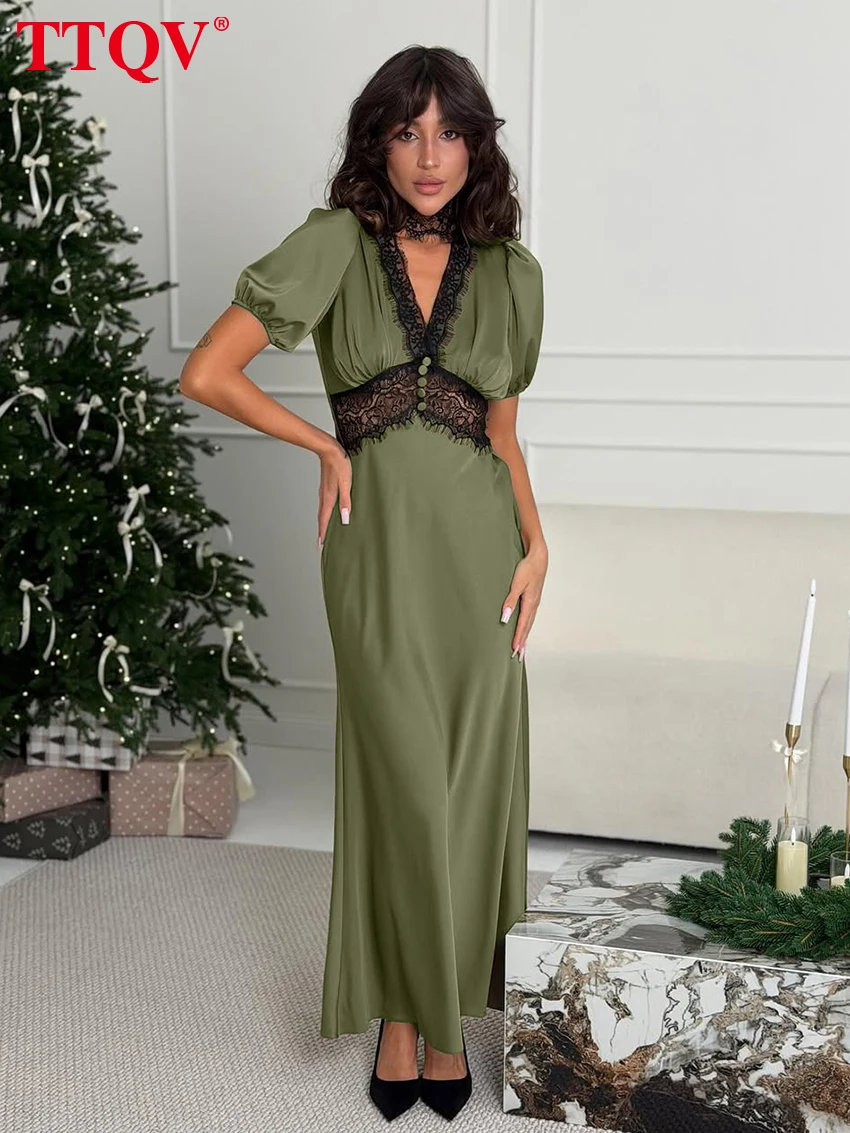 TTQV Sexy Loose Green Satin Dresses For Women Summer V-Neck Short Sleeve Ankle Length Dress Elegant Lace Spliced Female Dress
TTQV Sexy Loose Green Satin Dresses For Women Summer V-Neck Short Sleeve Ankle Length Dress Elegant Lace Spliced Female Dress