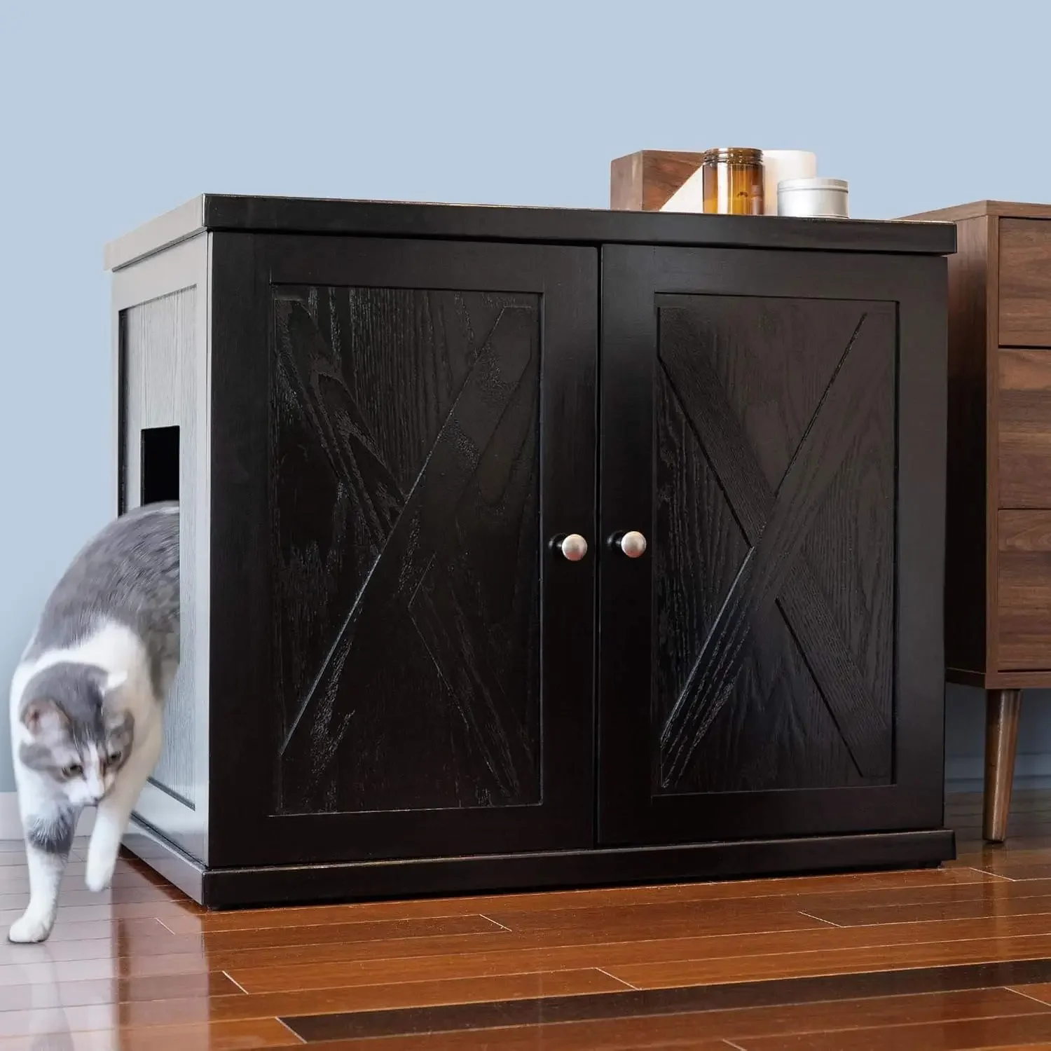 Cat Litter Box Enclosure Cabinet, Farmhouse, Black Espresso, Adjustable Levelers, XLarge, Hidden Litter Cat, Customized
Cat Litter Box Enclosure Cabinet, Farmhouse, Black Espresso, Adjustable Levelers, XLarge, Hidden Litter Cat, Customized