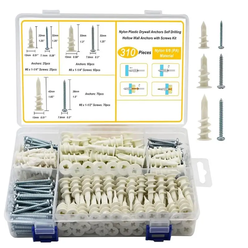 AB34-For Drywall Anchors Self Drilling 3 Sizes, 310PCS Nylon Plastic Wall Anchors And Screws No Pre Drill Hole
AB34-For Drywall Anchors Self Drilling 3 Sizes, 310PCS Nylon Plastic Wall Anchors And Screws No Pre Drill Hole