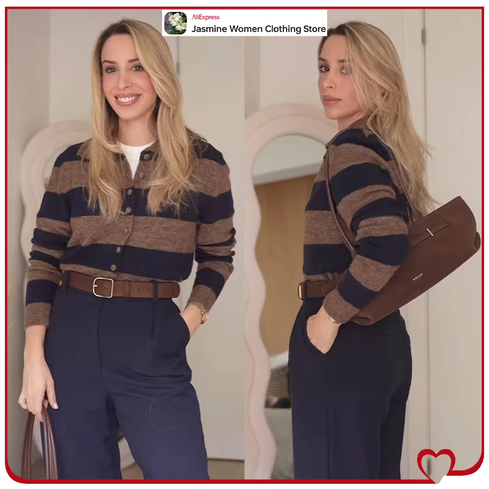 Vintage Women Brown and Navy Striped Cardigan Elegant Chic Polo Neck Knit Jacket with Tone-on-tone Lined Buttons Casual Knitwear
Vintage Women Brown and Navy Striped Cardigan Elegant Chic Polo Neck Knit Jacket with Tone-on-tone Lined Buttons Casual Knitwear