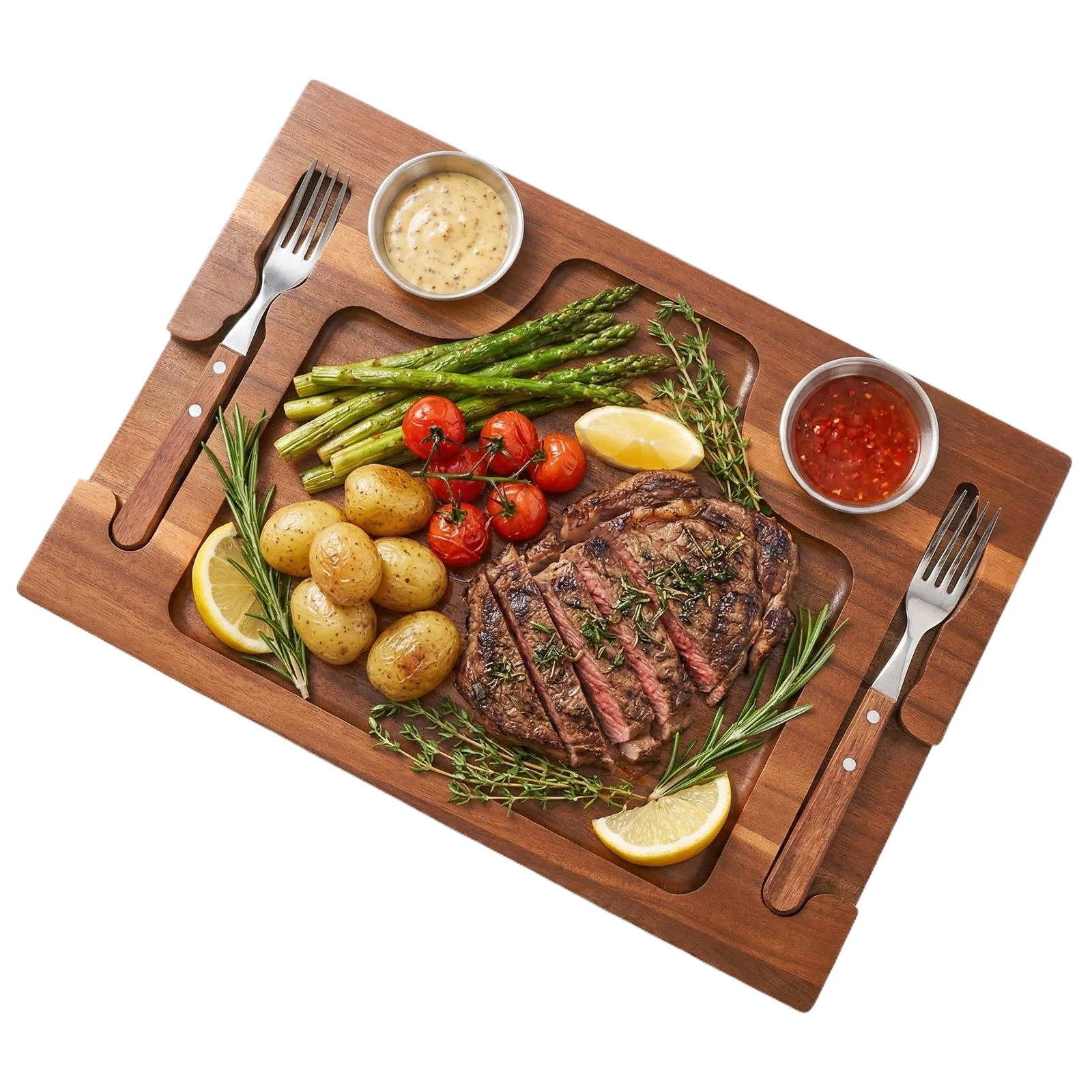 Доска для сервировки из акации с углублениями и 2 соусницами для мяса, колбас и сыра
Доска для сервировки из акации с углублениями и 2 соусницами для мяса, колбас и сыра