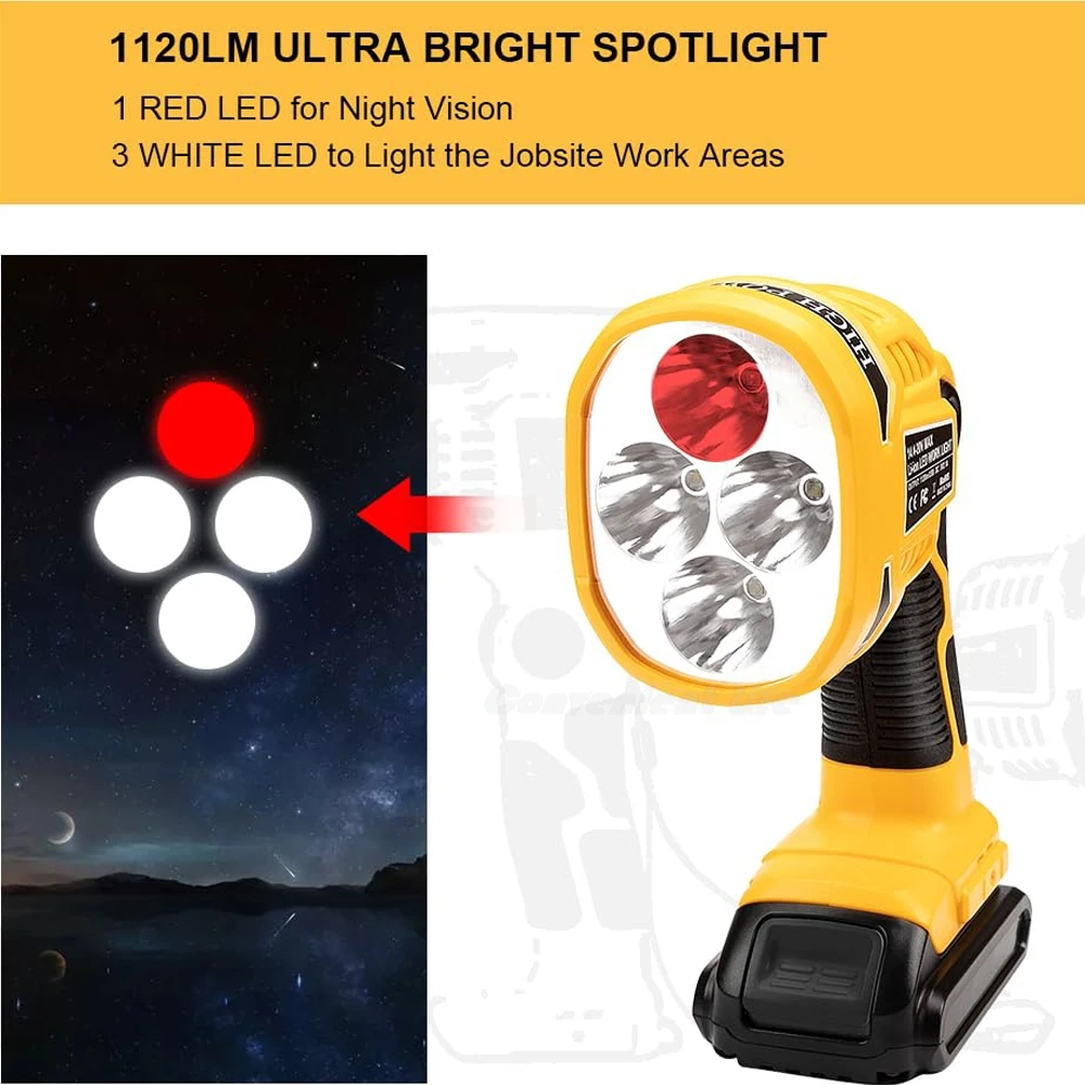20V Light 12W 1120LM Spotlight Compatible with Dewalt Battery LED Work Light Cordless Flashlight with USB Port 110°Pivoting Head
20V Light 12W 1120LM Spotlight Compatible with Dewalt Battery LED Work Light Cordless Flashlight with USB Port 110°Pivoting Head