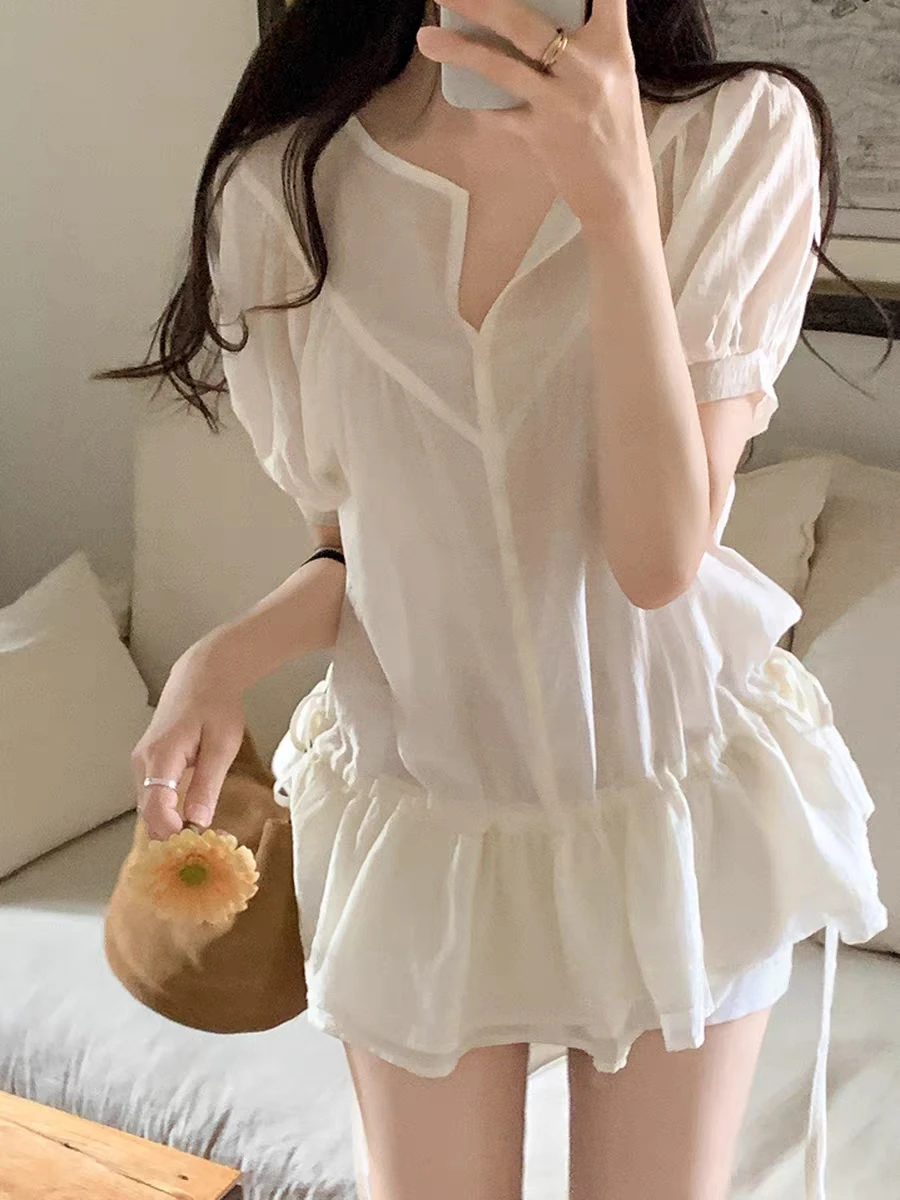 Women's Bubble Sleeve Shirt Drawstring Waist Slimming Semi-Transparent Double Layer Ruffle Top Korean Style Loose Fit
Women's Bubble Sleeve Shirt Drawstring Waist Slimming Semi-Transparent Double Layer Ruffle Top Korean Style Loose Fit