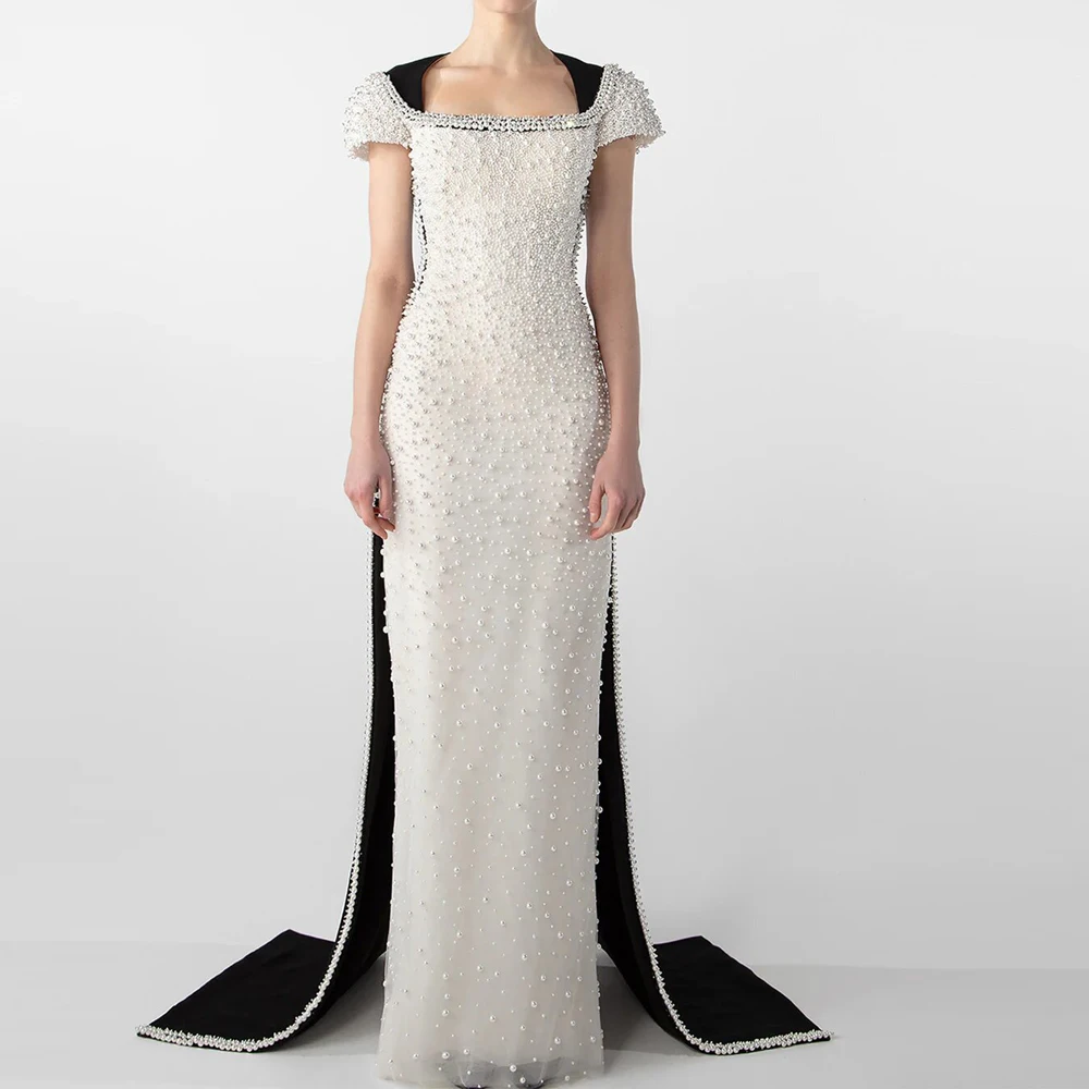 Customized Elegant Pearls Embellished Evening Dress Black Patchwork vestidos de gala Square Neck Cap Sleeve Evening Gown
Customized Elegant Pearls Embellished Evening Dress Black Patchwork vestidos de gala Square Neck Cap Sleeve Evening Gown