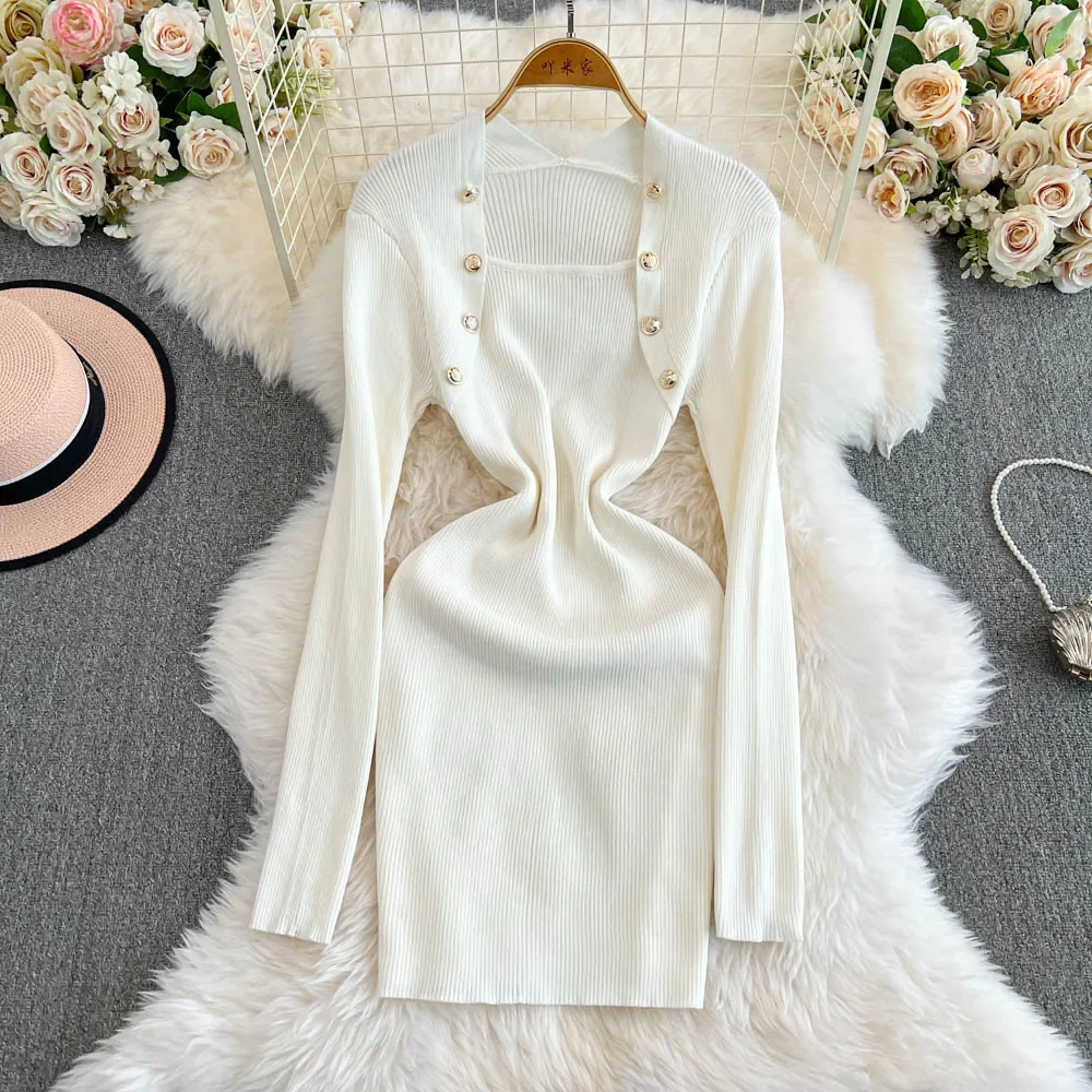 Women's Long sleeved Dress New Knitted Wrapped Hip Dress Autumn Fashion Square Collar Sweater Dresses
Women's Long sleeved Dress New Knitted Wrapped Hip Dress Autumn Fashion Square Collar Sweater Dresses