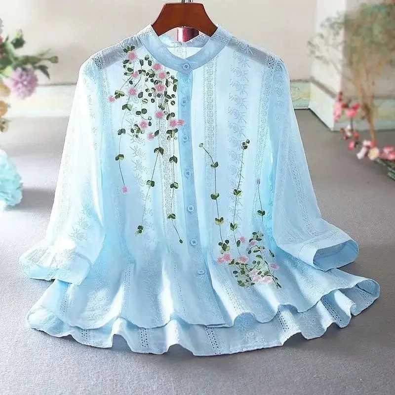 New Spring and Summer Qing New Literature and Art Lace Hollow Loose Relaxed Ruffle Edge Embroidered Standing Neck Shirt
New Spring and Summer Qing New Literature and Art Lace Hollow Loose Relaxed Ruffle Edge Embroidered Standing Neck Shirt