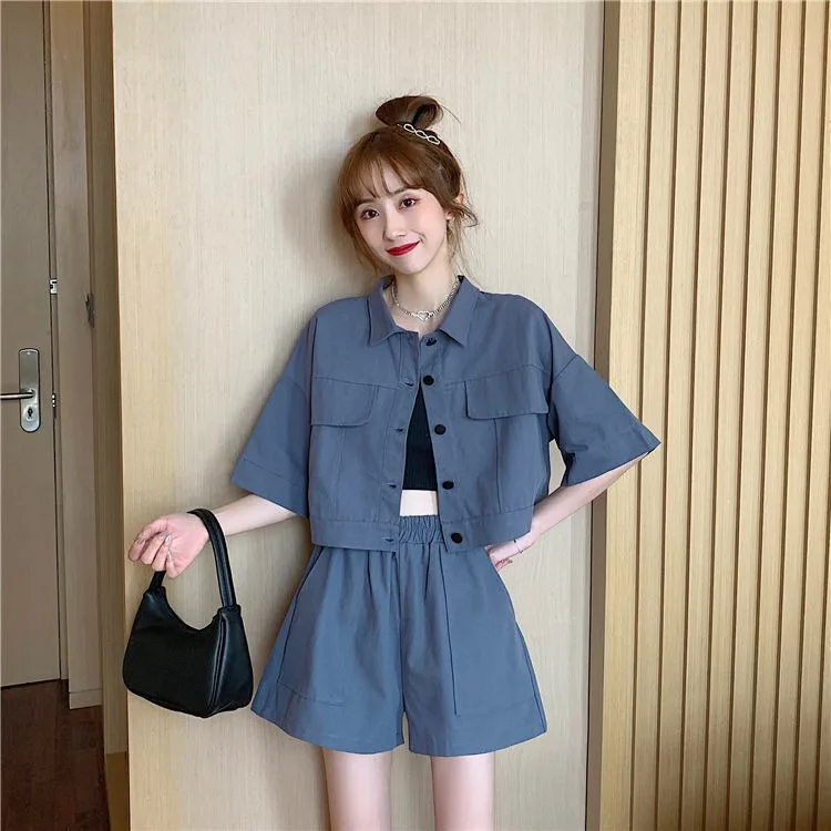 Women Summer Short-sleeve Solid Crop 2 Pcs Pants Sets Shirts Harajuku Wide Leg Shorts Suits Loose All-match Outfits Clothing
Women Summer Short-sleeve Solid Crop 2 Pcs Pants Sets Shirts Harajuku Wide Leg Shorts Suits Loose All-match Outfits Clothing