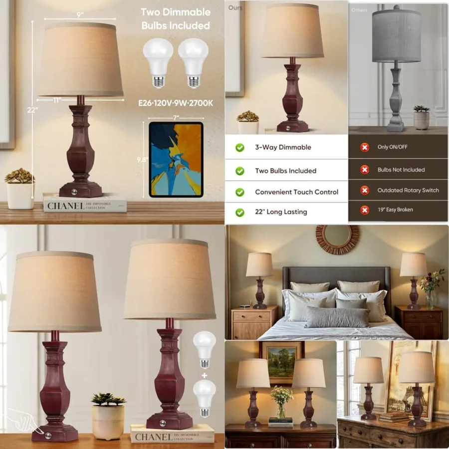 Dimmable Table Lamps Set of 2, Rustic Farmhouse Table Lamps for Living Room Bedroom, Bedside Desk Lamps for end Tables, Touch L
Dimmable Table Lamps Set of 2, Rustic Farmhouse Table Lamps for Living Room Bedroom, Bedside Desk Lamps for end Tables, Touch L