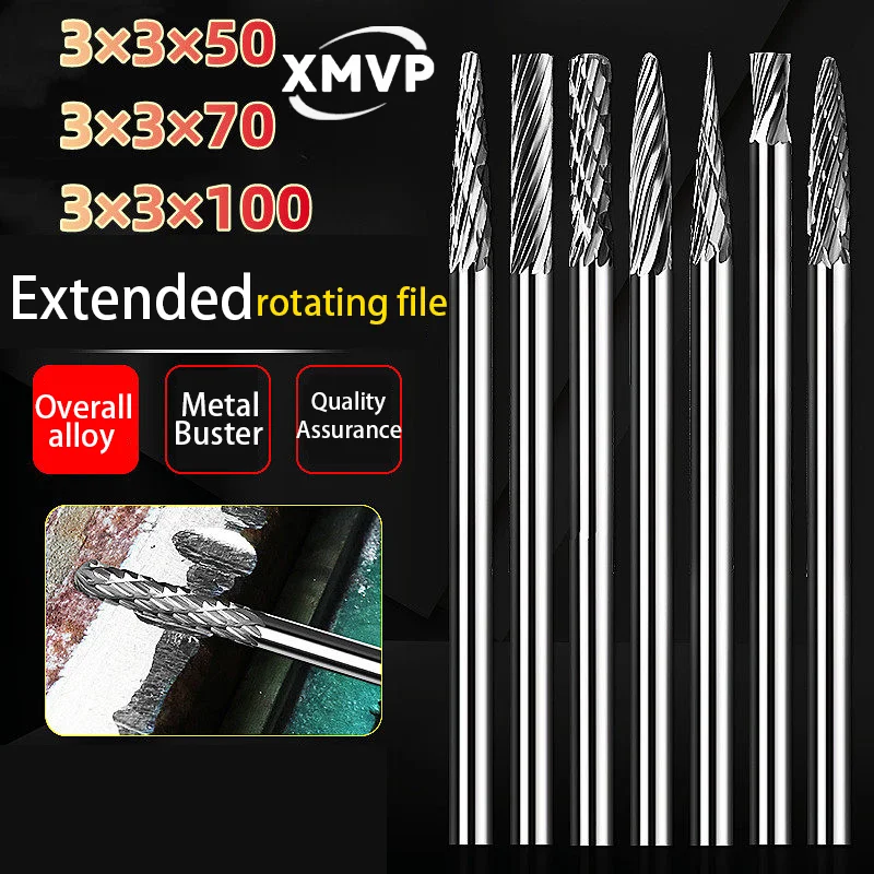 Extended hard alloy rotating file tungsten steel grinding head with 3mm handle, 50mm, 70mm, 100mm length. Metal milling cutter g
Extended hard alloy rotating file tungsten steel grinding head with 3mm handle, 50mm, 70mm, 100mm length. Metal milling cutter g
