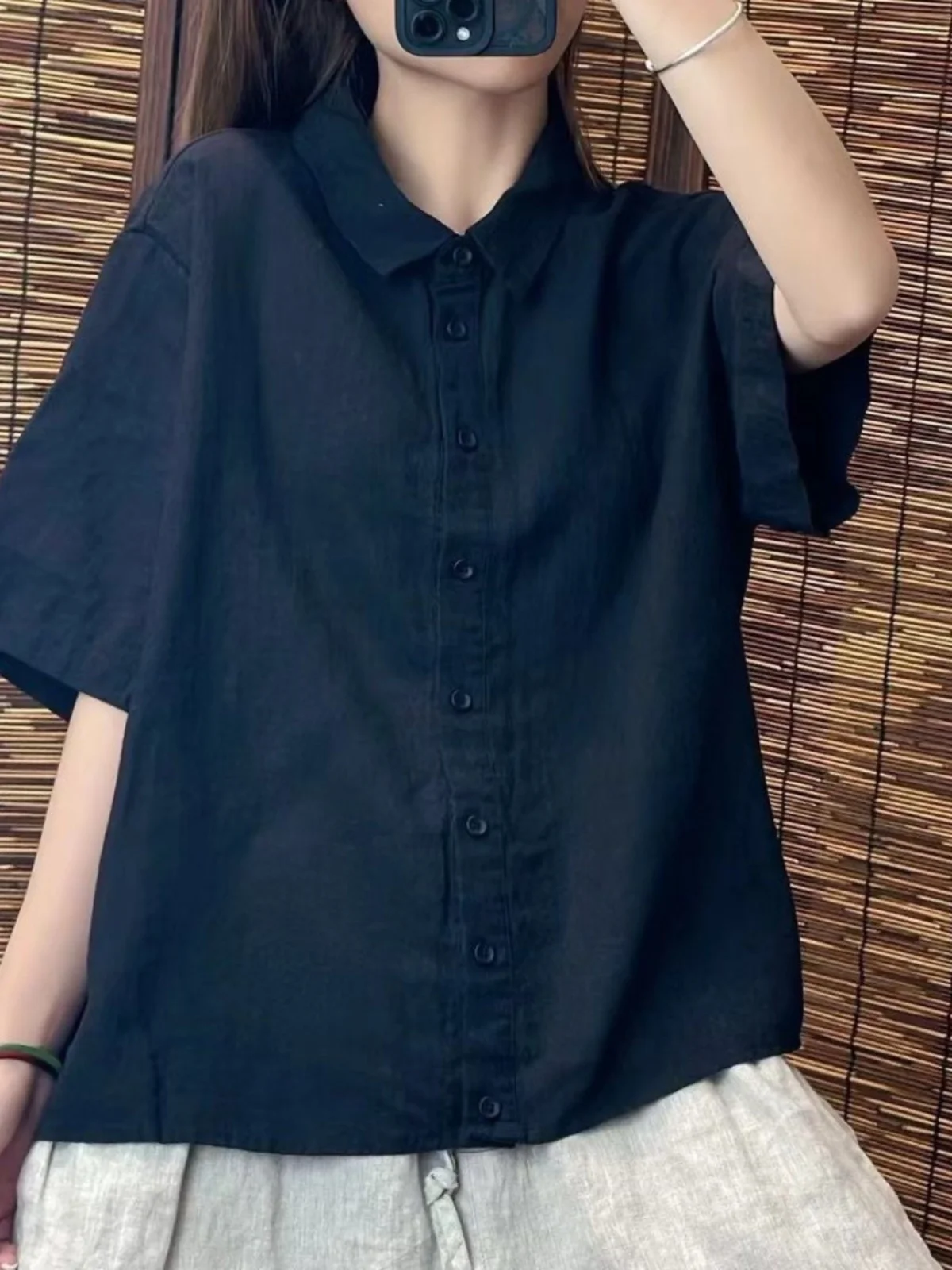 Loose Fit Cotton Linen Short Sleeve Shirt Women's Collar Single Button Slimming Top Casual Style Summer Fashion
Loose Fit Cotton Linen Short Sleeve Shirt Women's Collar Single Button Slimming Top Casual Style Summer Fashion