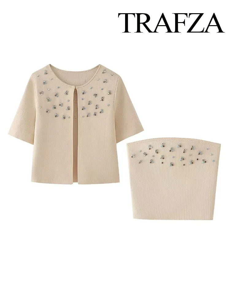TRAFZA Women 2 Piece Set Fashion Short-Sleeved Jewelled Beaded Knitted Cardigan Coat+Casual Sexy Sleeveless Corset Wrap Top
TRAFZA Women 2 Piece Set Fashion Short-Sleeved Jewelled Beaded Knitted Cardigan Coat+Casual Sexy Sleeveless Corset Wrap Top