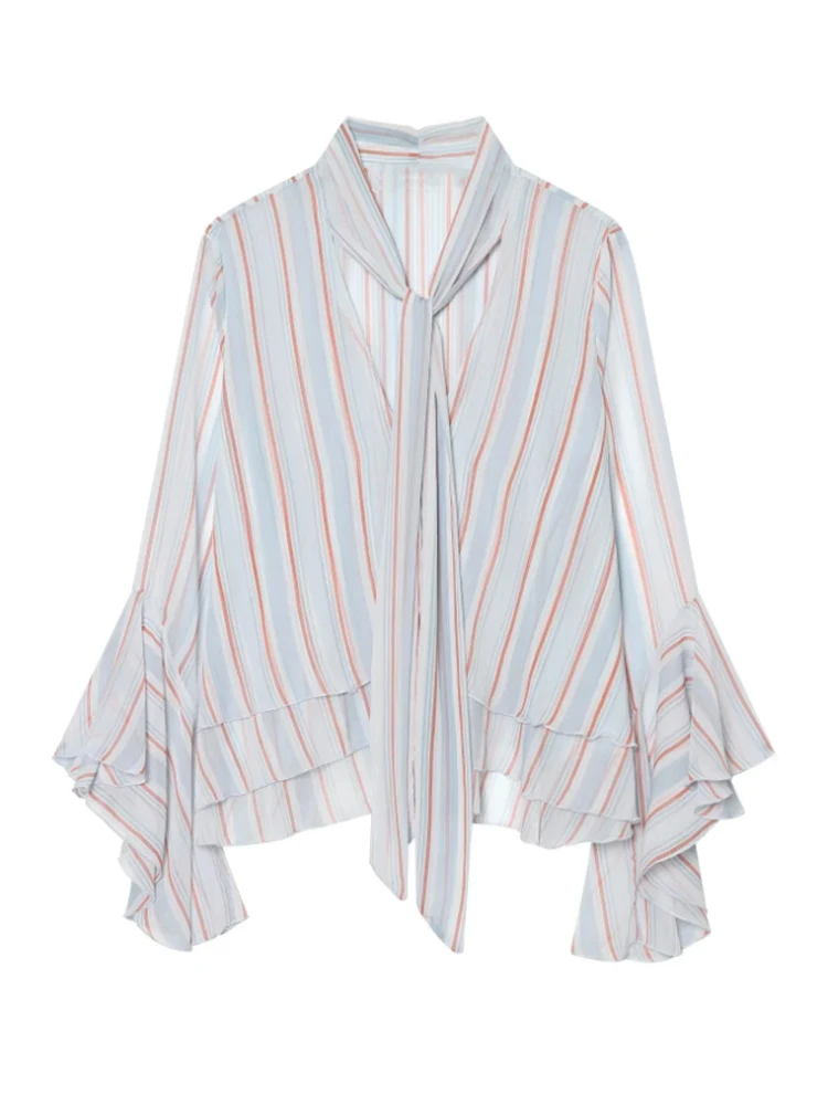 Elegant Light Blue Striped Blouse Women Chic Long Sleeve Neck Tie Flare Layered Hem Lace-up Top Casual 2026 Spring Chiffon Shirt
Elegant Light Blue Striped Blouse Women Chic Long Sleeve Neck Tie Flare Layered Hem Lace-up Top Casual 2026 Spring Chiffon Shirt
