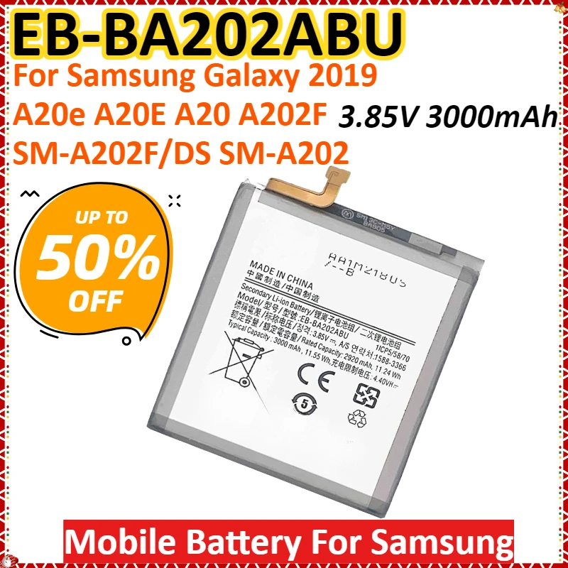 New EB-BA202ABU 3.85V 3000mAh Mobile Battery For Samsung Galaxy 2019 A20e A20E A20 A202F SM-A202F/DS SM-A202 SM-A202J SM-A102
New EB-BA202ABU 3.85V 3000mAh Mobile Battery For Samsung Galaxy 2019 A20e A20E A20 A202F SM-A202F/DS SM-A202 SM-A202J SM-A102