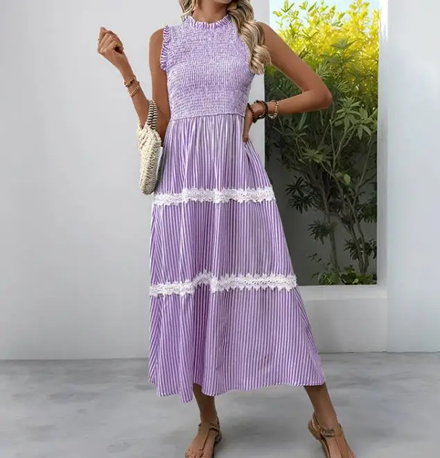 2026 Summer New Lace Splicing Long Skirt Sleeveless Tank Top Long Skirt Pulling Striped Dress for Women
2026 Summer New Lace Splicing Long Skirt Sleeveless Tank Top Long Skirt Pulling Striped Dress for Women