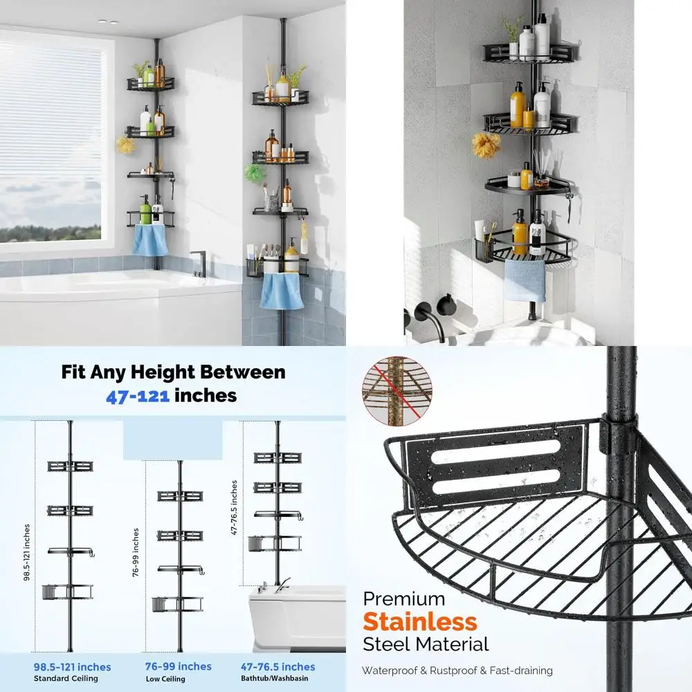 Adjustable Tension Pole Shower Caddy - 4-Tier Bathroom Organizer with Rustproof Shelves, 47-121 inch Range, Black
Adjustable Tension Pole Shower Caddy - 4-Tier Bathroom Organizer with Rustproof Shelves, 47-121 inch Range, Black