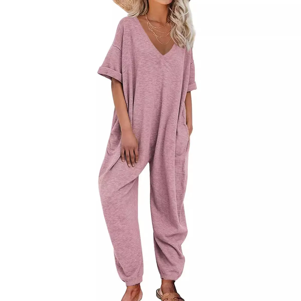 V-neck jumpsuit, short sleeved, long jumpsuit, leggings, loose fitting workwear, oversized women's clothing
V-neck jumpsuit, short sleeved, long jumpsuit, leggings, loose fitting workwear, oversized women's clothing