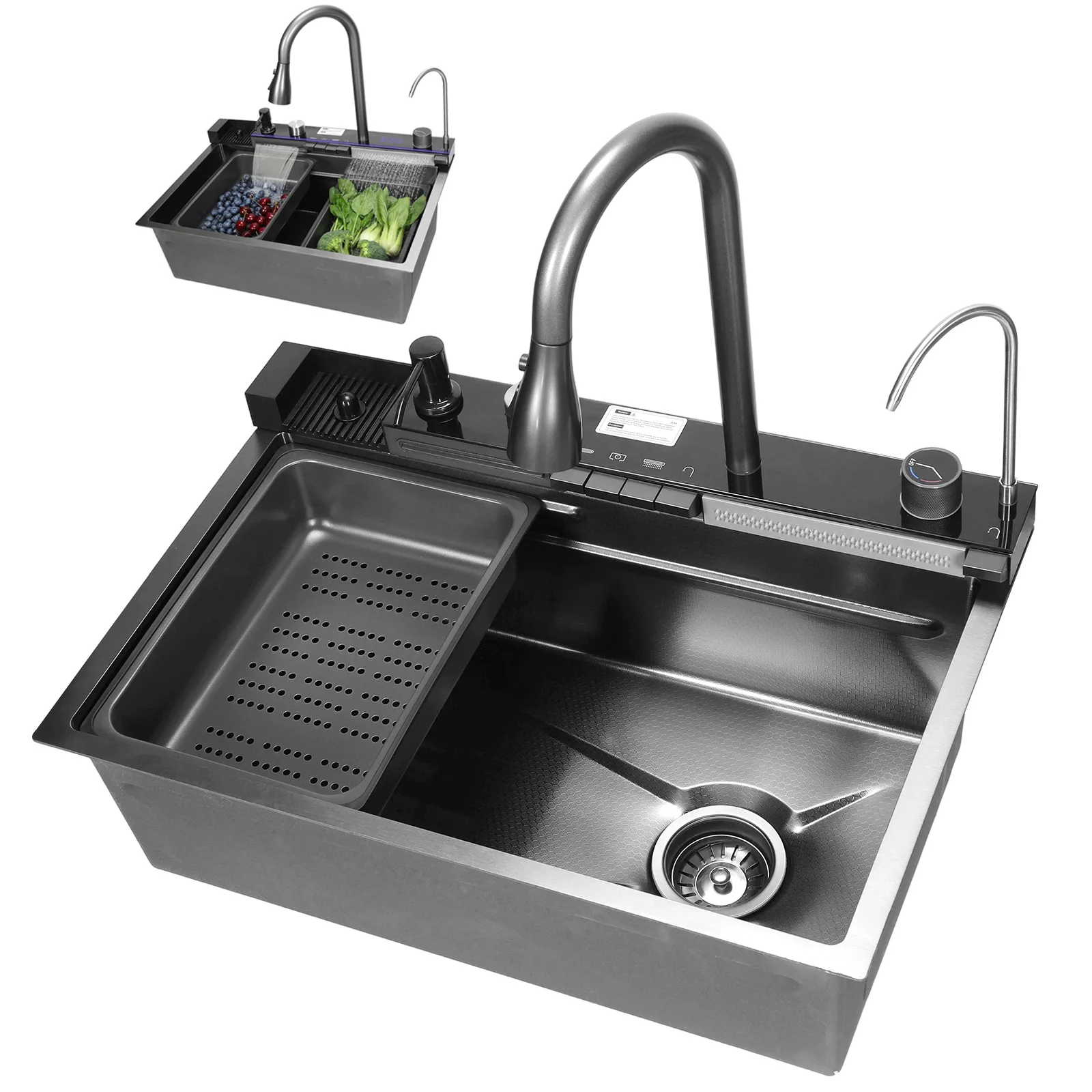 Многофункциональная встраиваемая кухонная мойка с корзиной для слива и выдвижным поворотным смесителем, 5 режимов подачи воды
Многофункциональная встраиваемая кухонная мойка с корзиной для слива и выдвижным поворотным смесителем, 5 режимов подачи воды