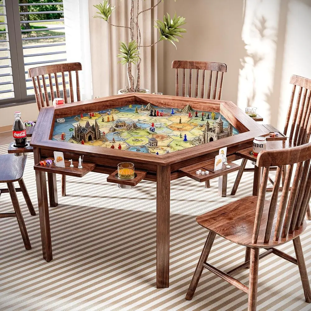 Hexagonal Gaming and Dining Table for 6 with Removable Top, Storage, Cup Holders, and Trays in Walnut Finish
Hexagonal Gaming and Dining Table for 6 with Removable Top, Storage, Cup Holders, and Trays in Walnut Finish