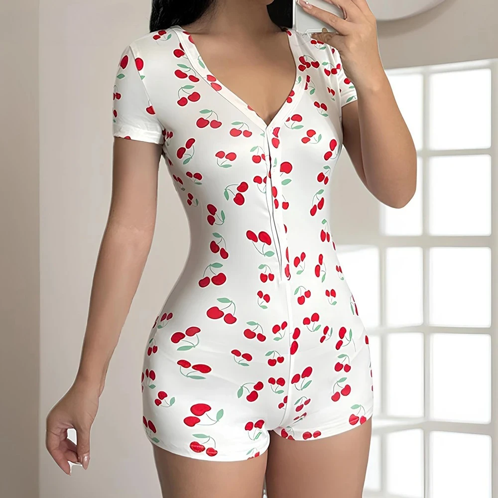 2026 New Ladies Slim Fit Cherry Print Bodysuit V Neck Button Placket Short Sleeve Casual Home Night Loungewear Romper
2026 New Ladies Slim Fit Cherry Print Bodysuit V Neck Button Placket Short Sleeve Casual Home Night Loungewear Romper