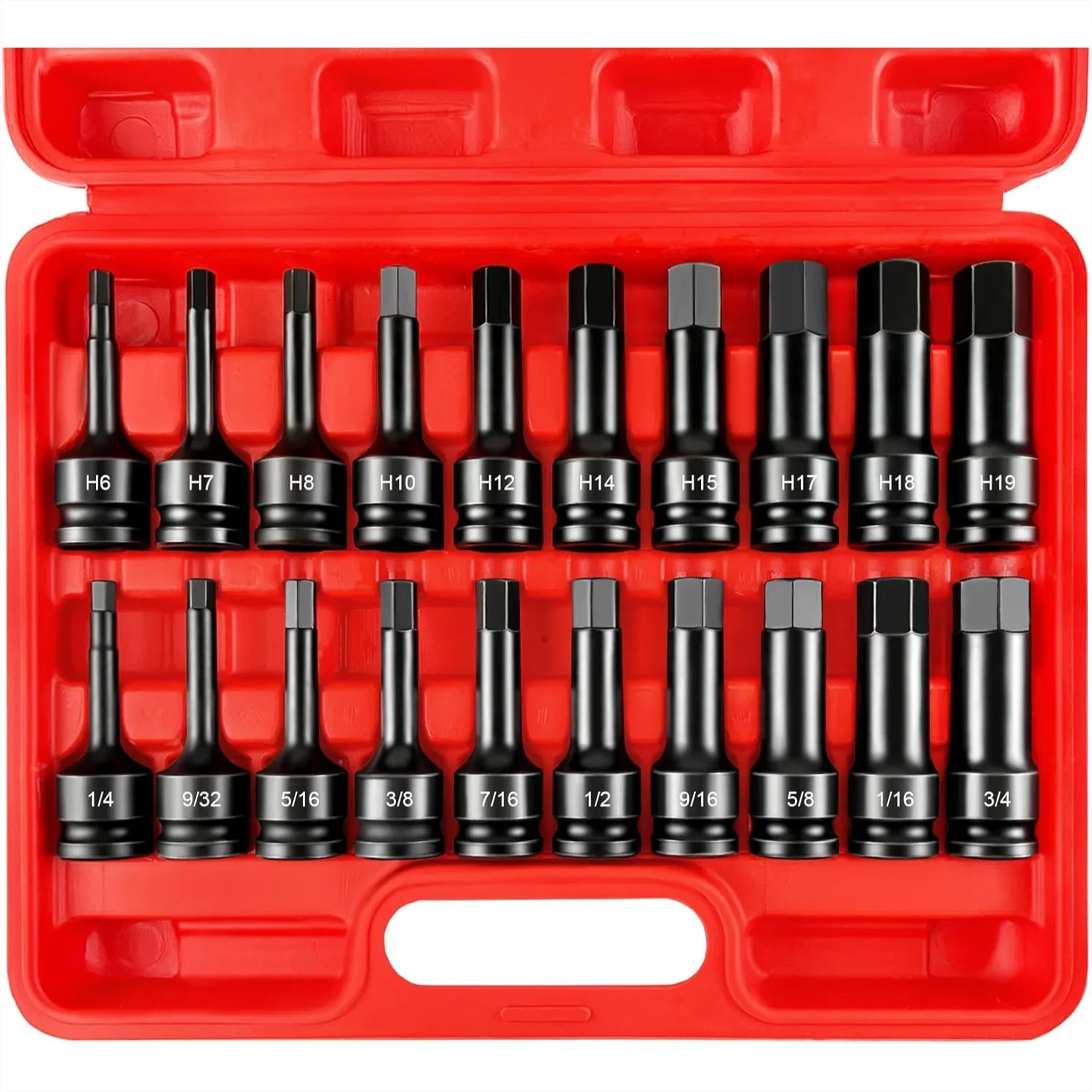 1/2" Drive Impact Hex Bit Set, 20 Piece Hex Driver Socket Set with CR-V Steel, SAE & Metric (1/4"-3/4", 6-19mm)
1/2" Drive Impact Hex Bit Set, 20 Piece Hex Driver Socket Set with CR-V Steel, SAE & Metric (1/4"-3/4", 6-19mm)