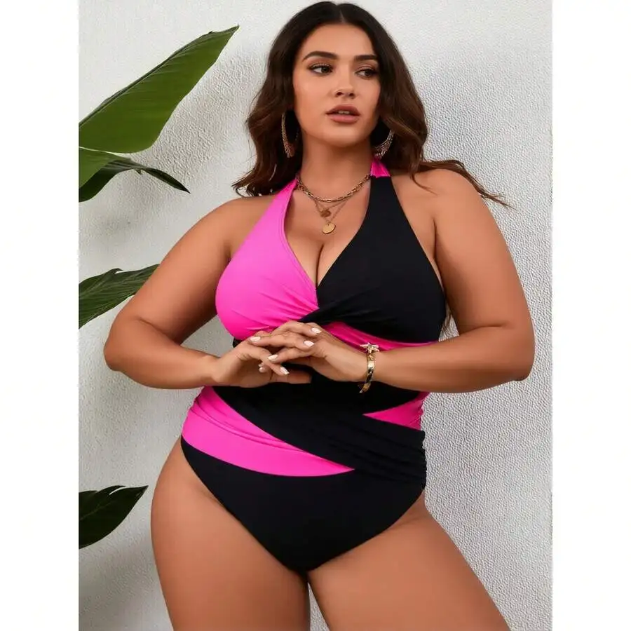 Plus Size Women Tummy Control Color Block Halter Ruched Backless Swimsuit
Plus Size Women Tummy Control Color Block Halter Ruched Backless Swimsuit