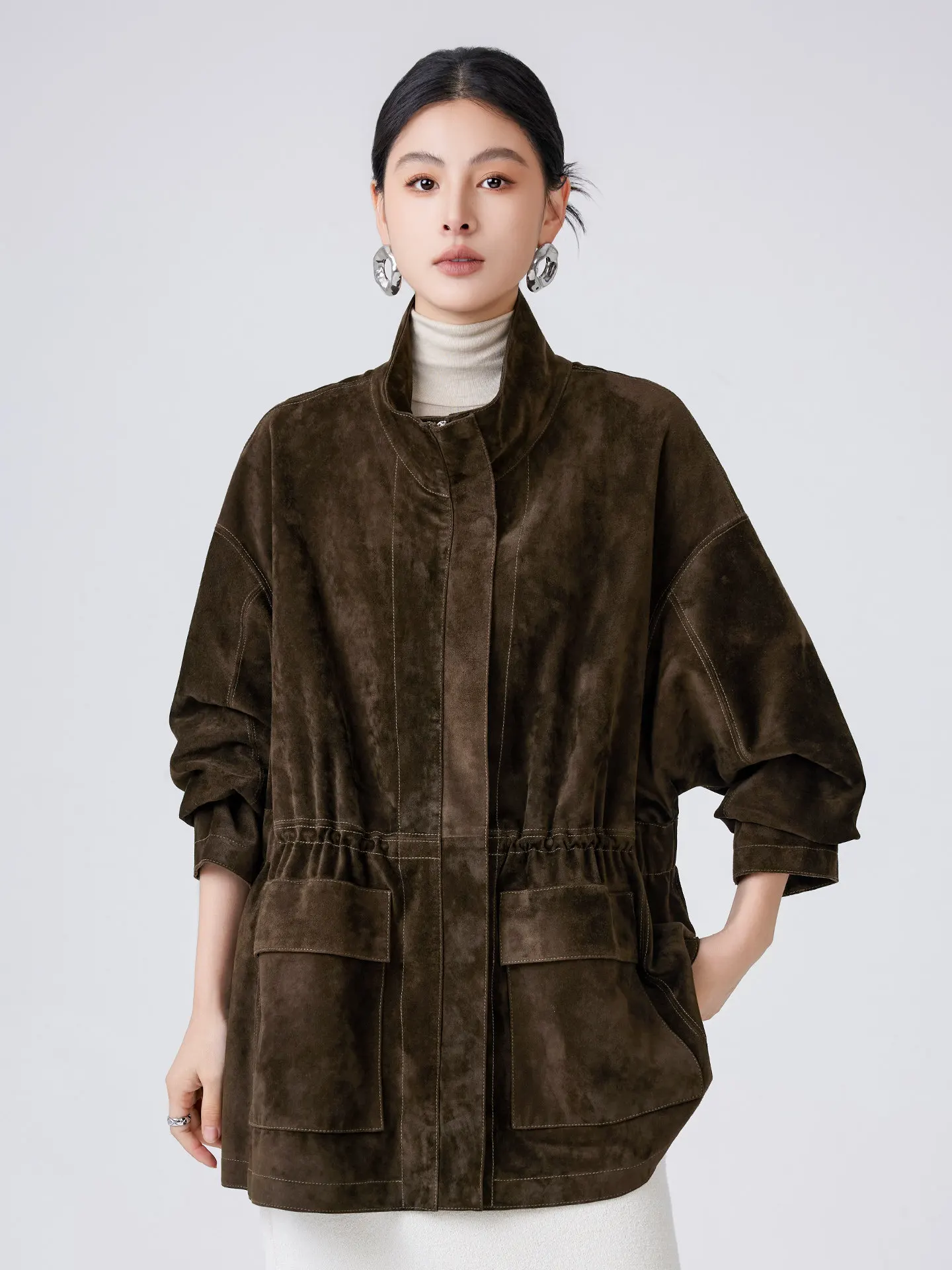 Genuine Leather Suede Jackets for Women Simple Stand Collar Adjustable Waist Design Casual Loose Real Goatskin Leather Coat
Genuine Leather Suede Jackets for Women Simple Stand Collar Adjustable Waist Design Casual Loose Real Goatskin Leather Coat