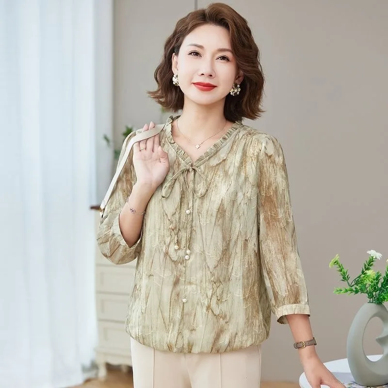 Women's Tie Neck Chiffon Blouse 3/4 Sleeve Ruffled V Neck Marble Print Casual Tops Middle-aged Elderly Elegant Shirt
Women's Tie Neck Chiffon Blouse 3/4 Sleeve Ruffled V Neck Marble Print Casual Tops Middle-aged Elderly Elegant Shirt