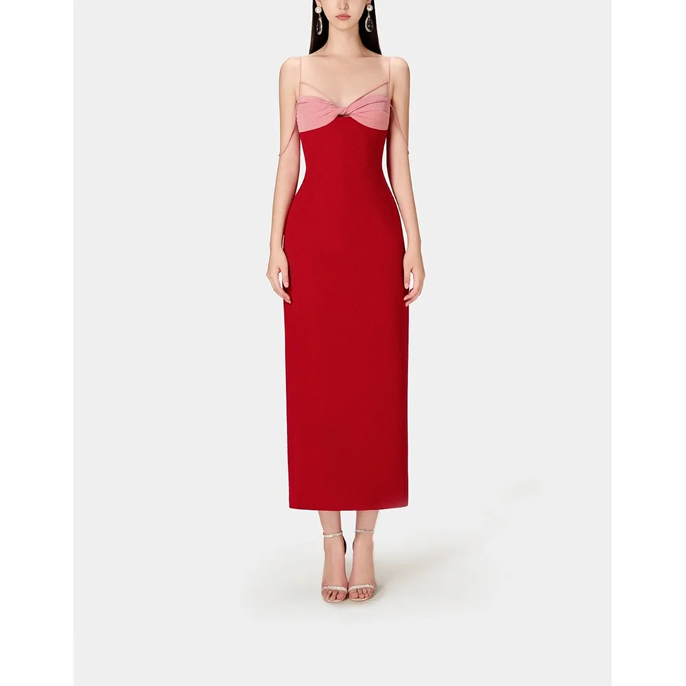 Simple Red And Pink Patchwork Straight Tea Length Evening Dresses Spaghetti Strap Slit Birthday Party Dress
Simple Red And Pink Patchwork Straight Tea Length Evening Dresses Spaghetti Strap Slit Birthday Party Dress