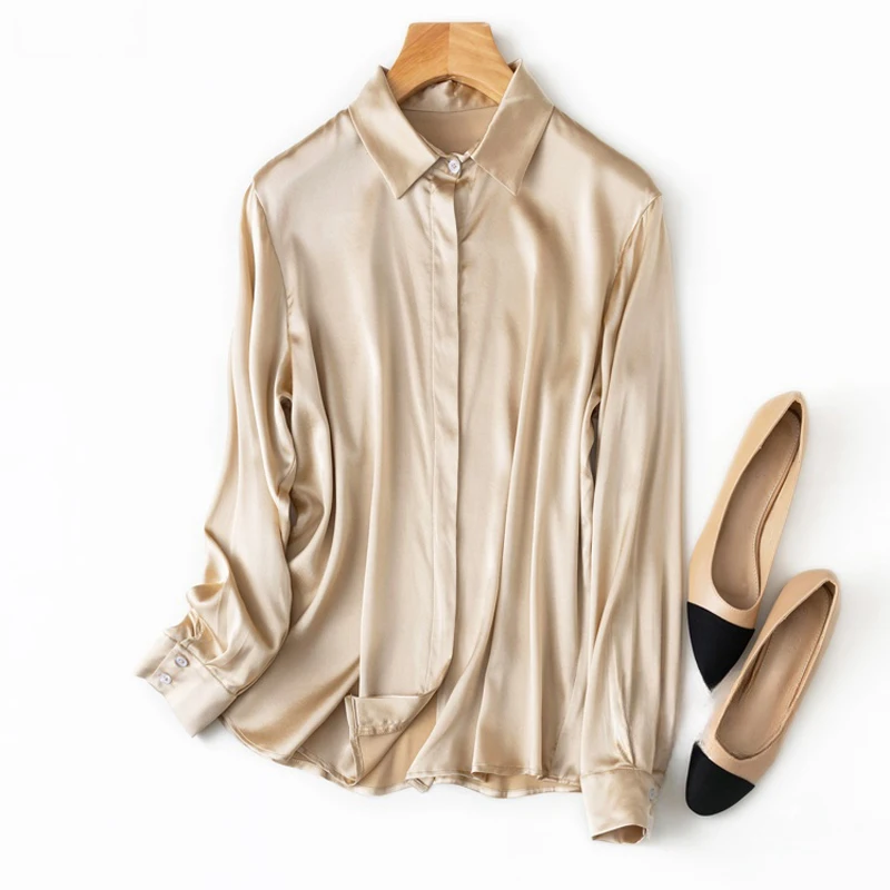 Elegant Satin Women Real Silk Blouse Chic Office Ladies Long sleeve Shirts Casual Solid Smooth Mulberry Silk Female Blouses Tops
Elegant Satin Women Real Silk Blouse Chic Office Ladies Long sleeve Shirts Casual Solid Smooth Mulberry Silk Female Blouses Tops