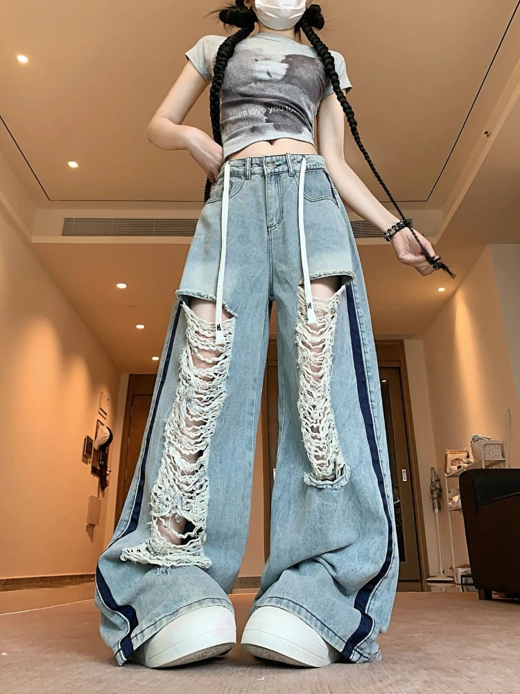 Women's American Style Ripped Denim Pants Wide Leg Jeans With Drawstring Waist Trendy Individual Loose Fit Streetwear Trousers
Women's American Style Ripped Denim Pants Wide Leg Jeans With Drawstring Waist Trendy Individual Loose Fit Streetwear Trousers