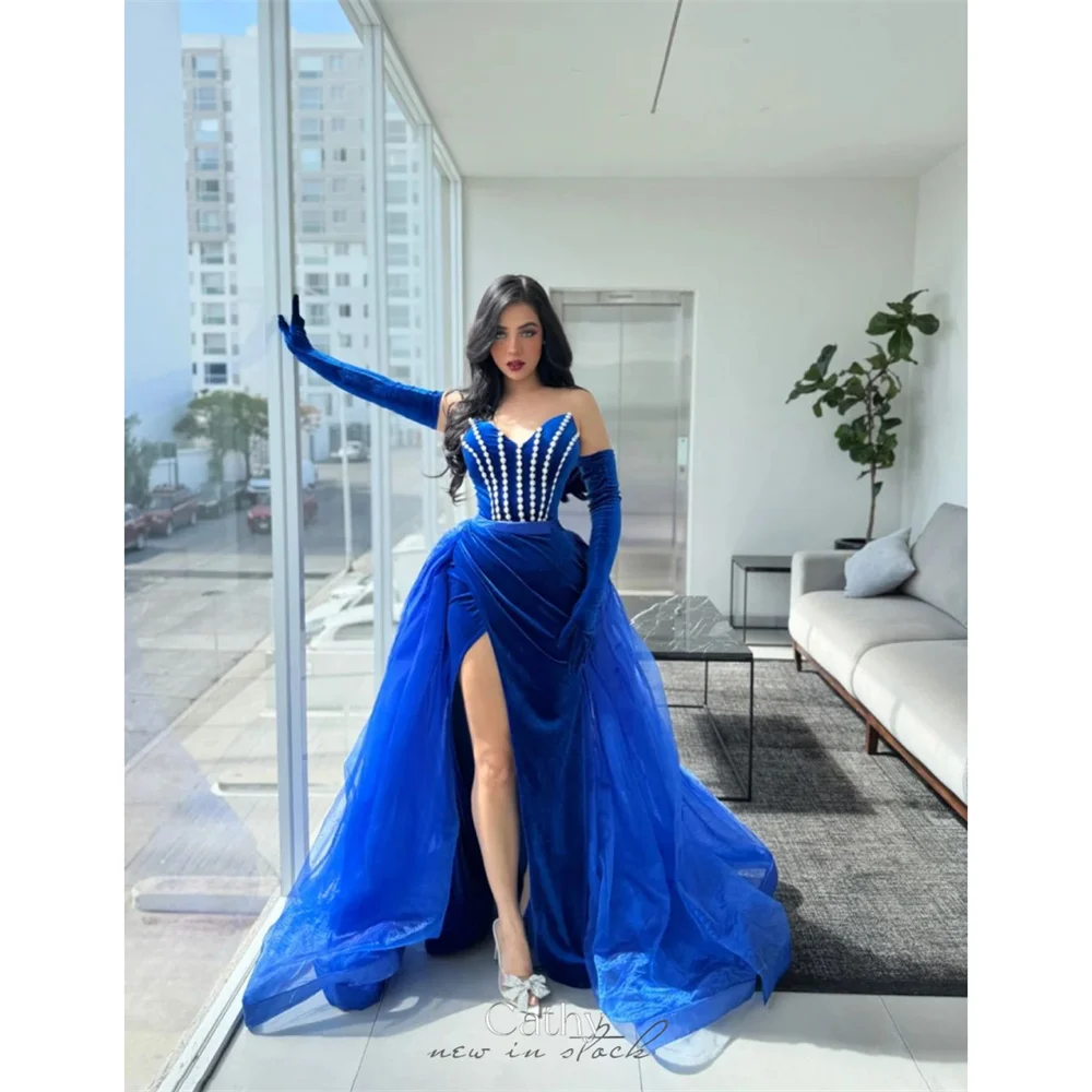 Cathy Customized Blue Sweetheart Neck Mermaid Prom Dress Side Split Beading vestidos de noiva Detachable Sleeves Formal Evening
Cathy Customized Blue Sweetheart Neck Mermaid Prom Dress Side Split Beading vestidos de noiva Detachable Sleeves Formal Evening