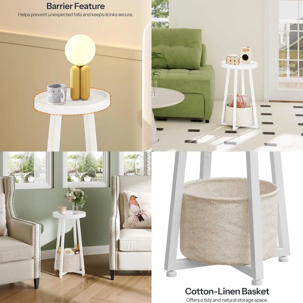 Compact 2-Tier Round Side Table with Fabric Storage Basket for Living Room, Bedroom, Dorm - White and Beige
Compact 2-Tier Round Side Table with Fabric Storage Basket for Living Room, Bedroom, Dorm - White and Beige