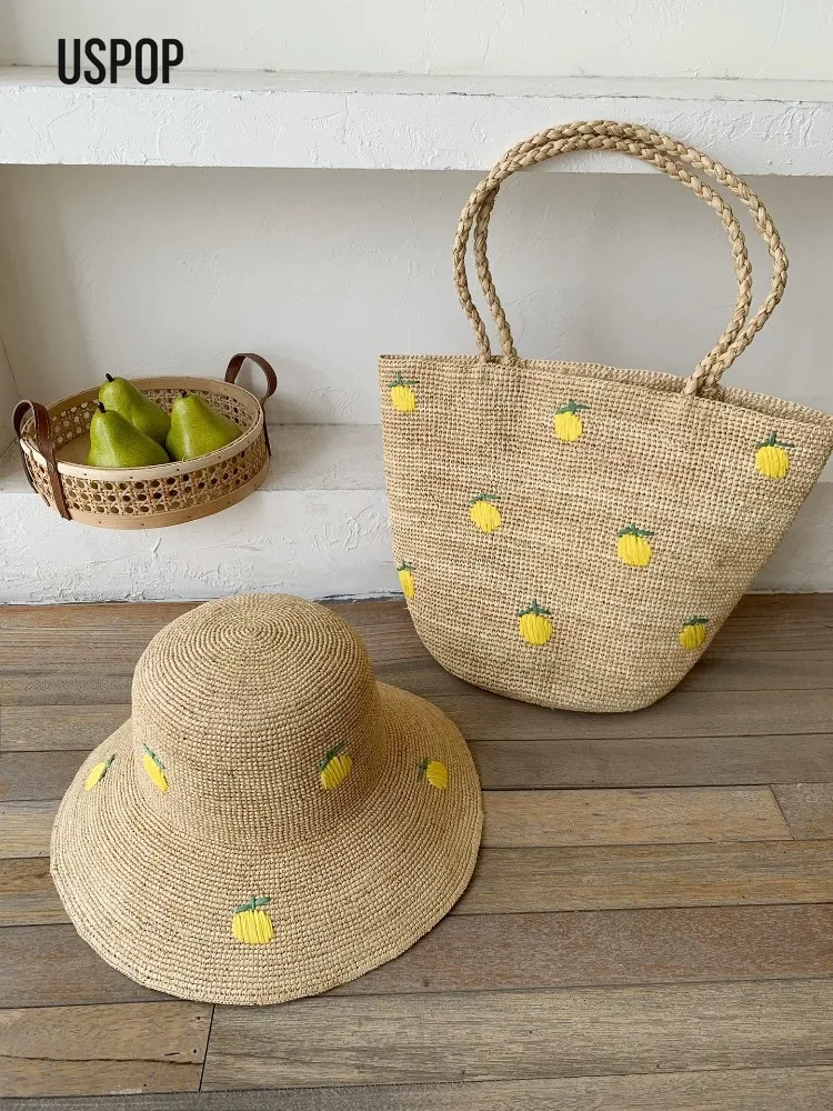 Summer Woven Straw Hat and Tote Bag Set Lemon Embroidery Beach Vacation Matching Accessories
Summer Woven Straw Hat and Tote Bag Set Lemon Embroidery Beach Vacation Matching Accessories