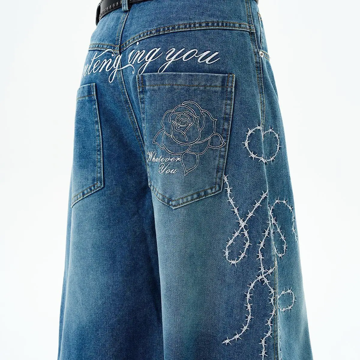 high street rose embroidery wide-leg scimitar washed jeans men's and women's hip-hop trendy brand loose trousers pants 
high street rose embroidery wide-leg scimitar washed jeans men's and women's hip-hop trendy brand loose trousers pants