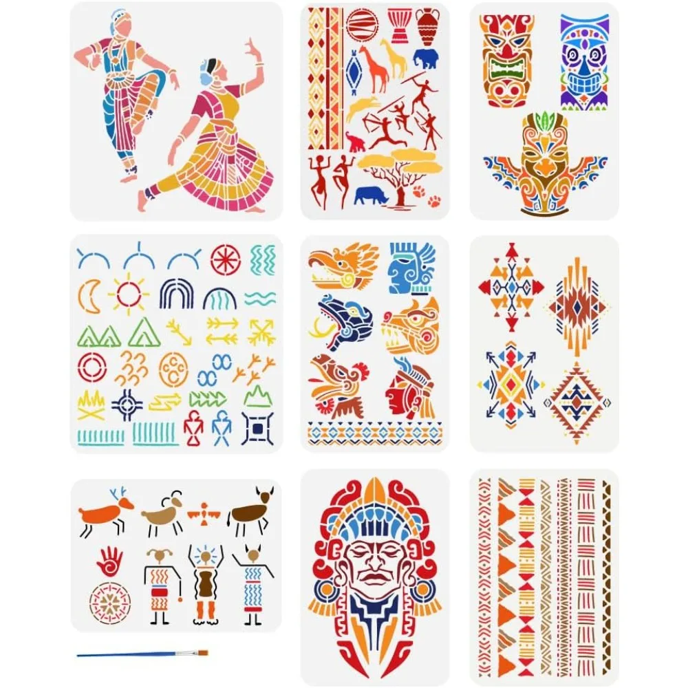 9 шт. трафарет для рисования с племенными символами и кистью, 2 размера, ацтекский знак, шаблон для рисования культуры Майя, индийские танцоры Майя
9 шт. трафарет для рисования с племенными символами и кистью, 2 размера, ацтекский знак, шаблон для рисования культуры Майя, индийские танцоры Майя