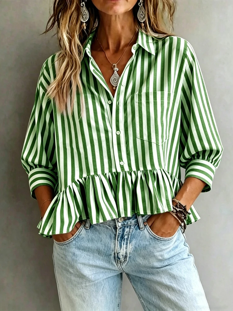 New in Summer Comfortable, Fashionable, and Fresh Striped Ruffle Edge Short Seven-quarter Sleeve Shirt Blouse Shirt Women Shirt
New in Summer Comfortable, Fashionable, and Fresh Striped Ruffle Edge Short Seven-quarter Sleeve Shirt Blouse Shirt Women Shirt
