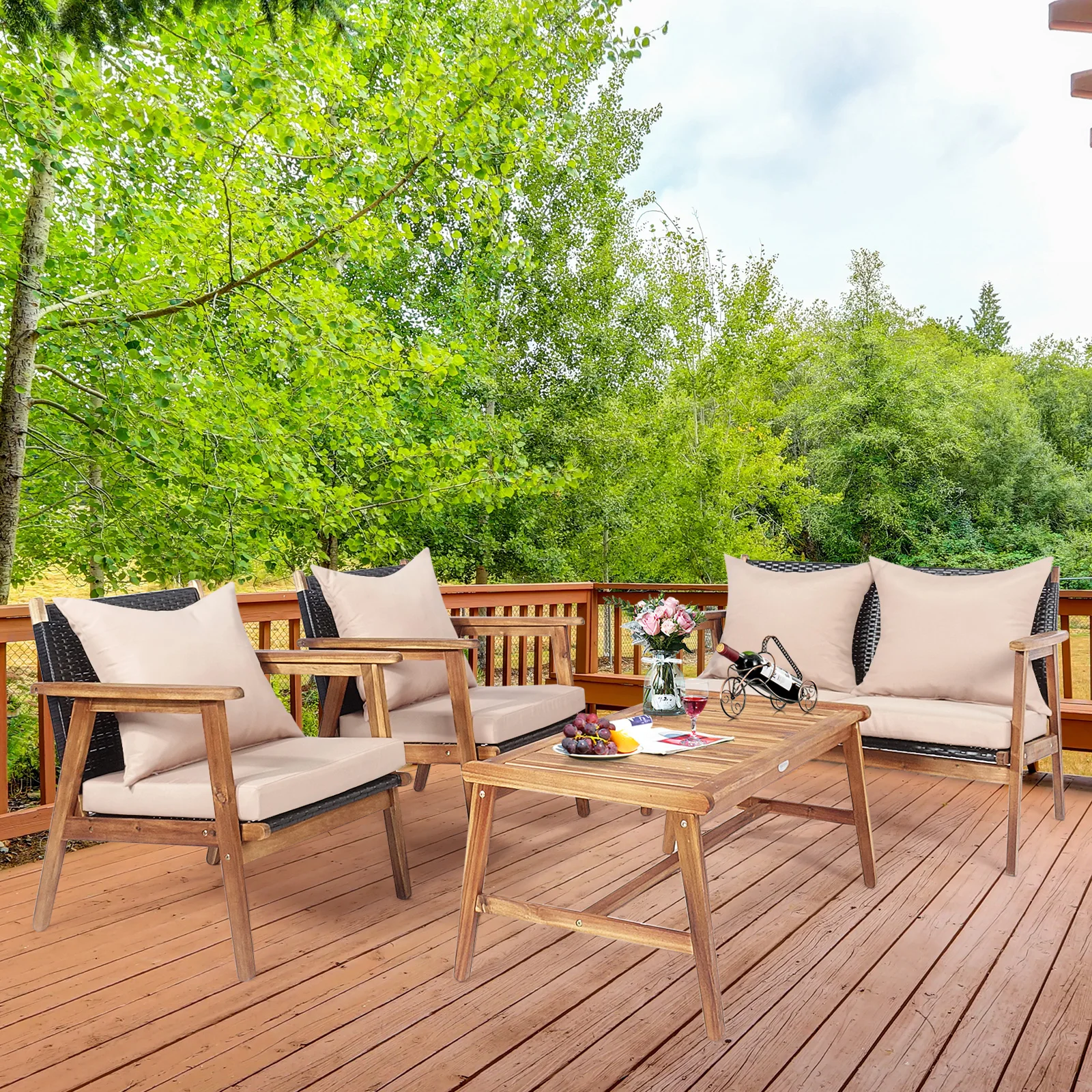 4PCS Patio Rattan Furniture Set Acacia Wood Frame Cushioned Sofa Chair Garden 4PCS Patio Rattan Furniture Set Acacia Wood Frame Cushioned Sofa Chair Garden