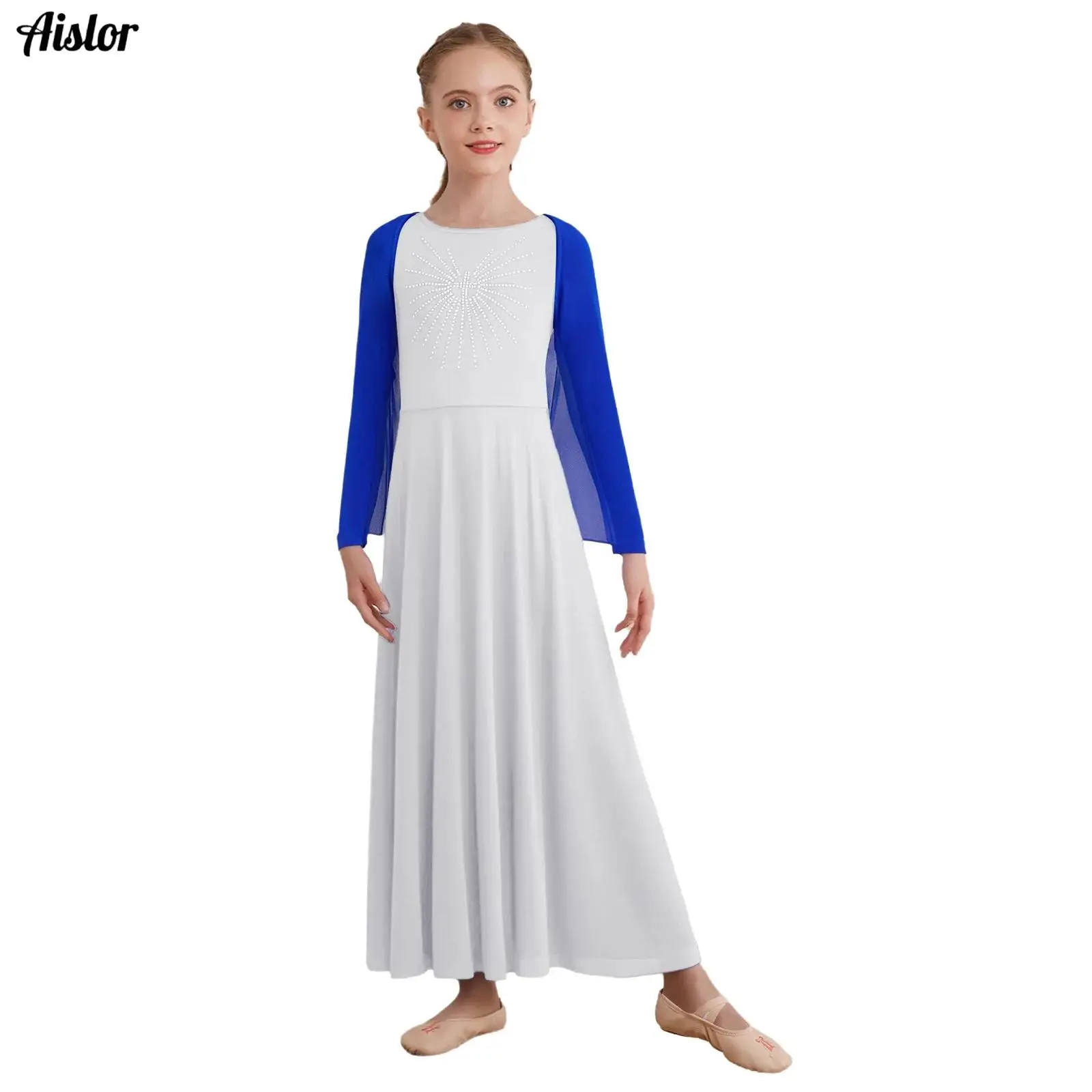 Girls Praise Worship Dance Outfit Open Front Irregular Hem Drapey Angel Wing Shrug+Long Sleeve Glittery Rhinestone Maxi Dress
Girls Praise Worship Dance Outfit Open Front Irregular Hem Drapey Angel Wing Shrug+Long Sleeve Glittery Rhinestone Maxi Dress