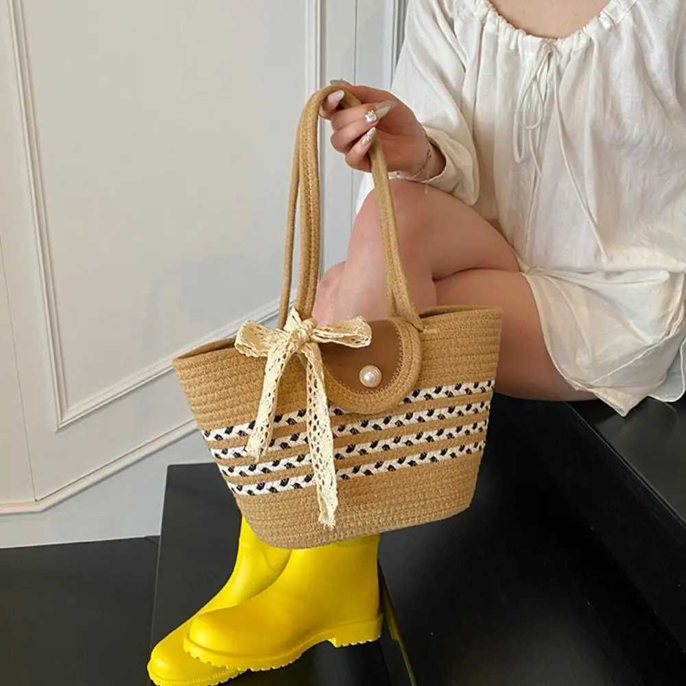 Simple Shoulder Bag Woven Tote Bag with Ribbon Solid Color Stripe Tote Handbag Lightweight Korean Style Summer Beach Bag Spring
Simple Shoulder Bag Woven Tote Bag with Ribbon Solid Color Stripe Tote Handbag Lightweight Korean Style Summer Beach Bag Spring